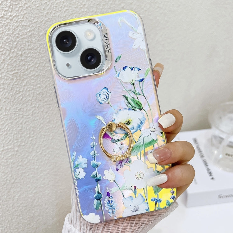 Caja de teléfono TPU para iPhone 15 con soporte de anillo y flor láser de galvanoplastia (Azul) - MOVILSTORE