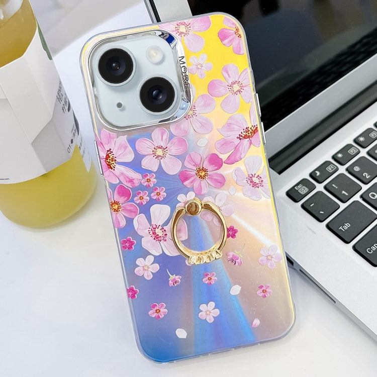 Caja del Teléfono TPU para iPhone 15 con Soporte de Anillo y Flor Láser de Galvanoplastia (Flor Rosa) - MOVILSTORE