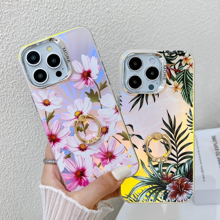 Caja de teléfono TPU para iPhone 15 con soporte de anillo flor láser galvanoplastia (Morning Glory Ah16) - MOVILSTORE