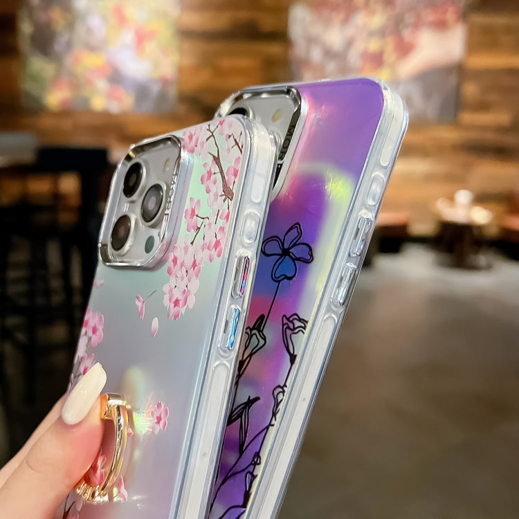 Caja de Teléfono TPU para iPhone 15 con Soporte de Anillo y Flor Láser de Galvanoplastia (Cosmos Flower Ah7) - MOVILSTORE