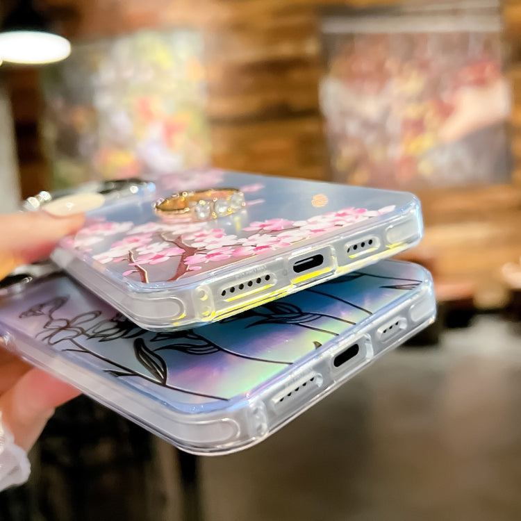 Caja de Teléfono TPU para iPhone 15 con Soporte de Anillo y Flor Láser de Galvanoplastia (Cosmos Flower Ah7) - MOVILSTORE
