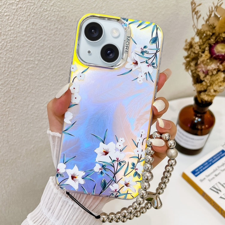 Estuche para Teléfono iPhone 15 Morning Glory Ah16 Flor Láser Galvanizada con Correa para la Muñeca - MOVILSTORE