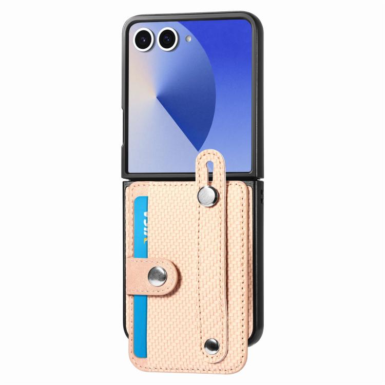 Funda trasera con función atril para Samsung Galaxy Z Flip7 5G, con correa para la muñeca y tarjetero (caqui)