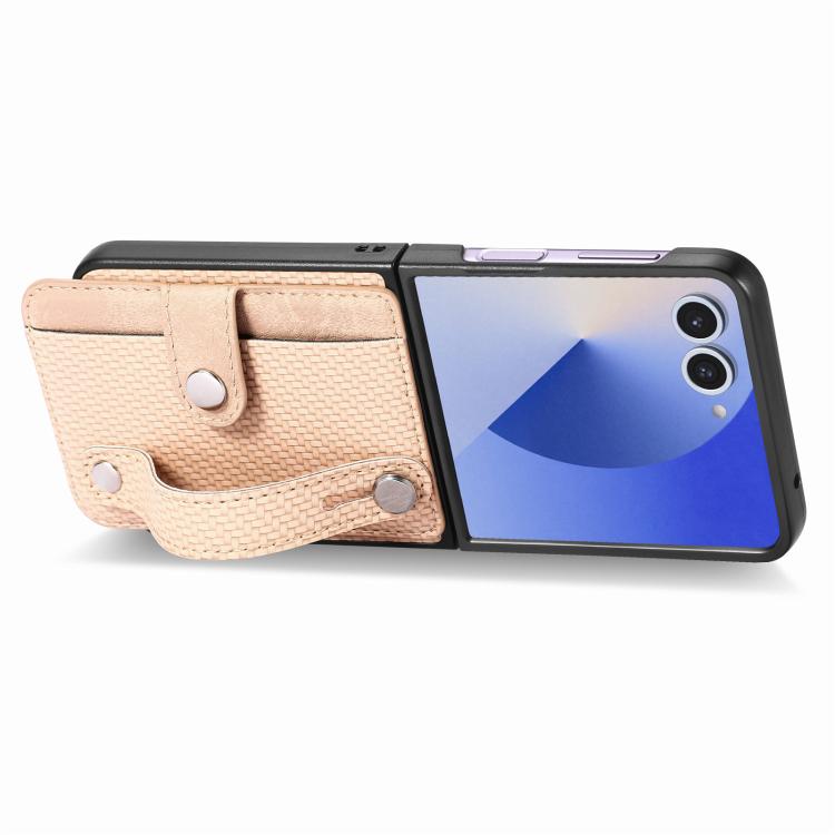 Funda trasera con función atril para Samsung Galaxy Z Flip7 5G, con correa para la muñeca y tarjetero (caqui)
