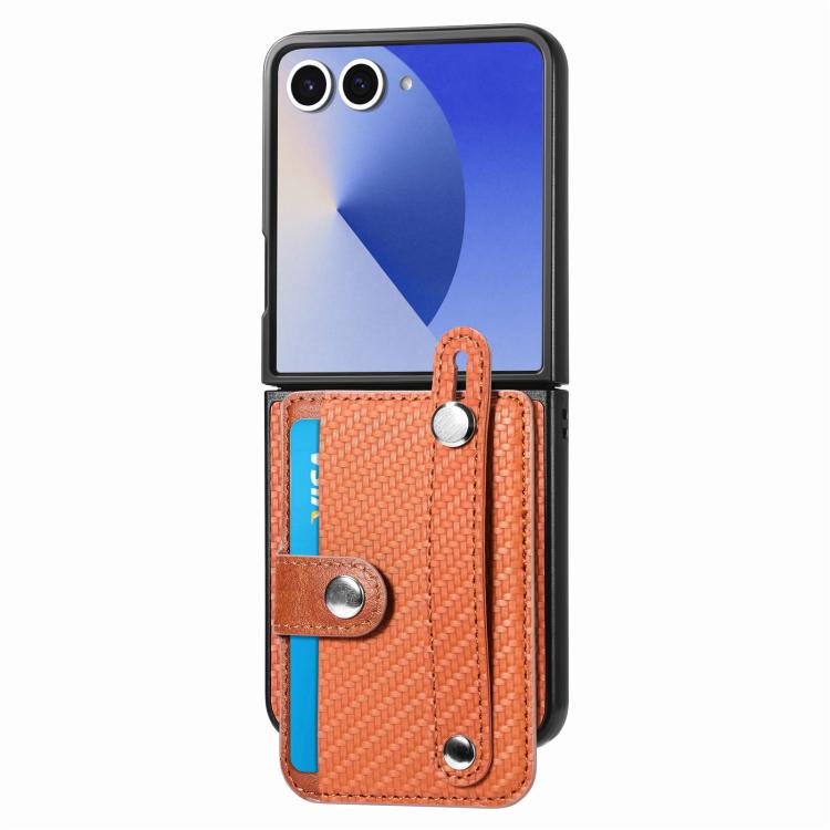 Funda trasera con correa para Samsung Galaxy Z Flip7 5G, con función atril, tarjetero y billetera (marrón)
