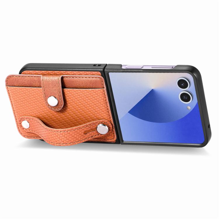 Funda trasera con correa para Samsung Galaxy Z Flip7 5G, con función atril, tarjetero y billetera (marrón)