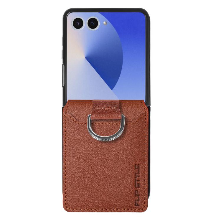 Funda tipo cartera con anillo de cuero con textura de lichi para Samsung Galaxy Z Flip7 5G (marrón)