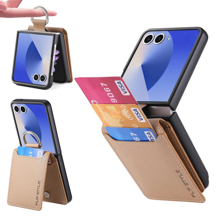 Funda tipo cartera con anillo de cuero con textura de lichi para Samsung Galaxy Z Flip7 5G (caqui)