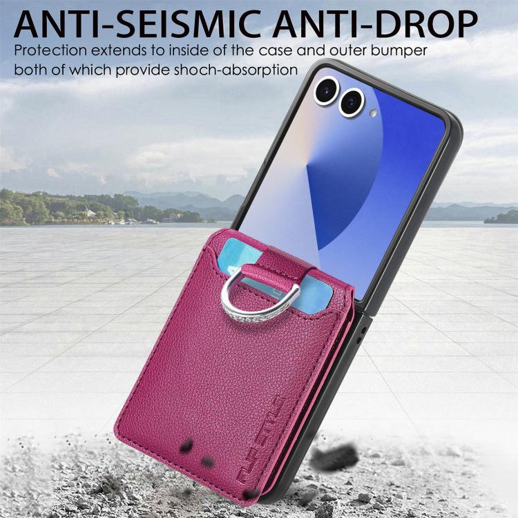 Funda tipo cartera con anillo de cuero con textura de lichi para Samsung Galaxy Z Flip7 5G (morado)