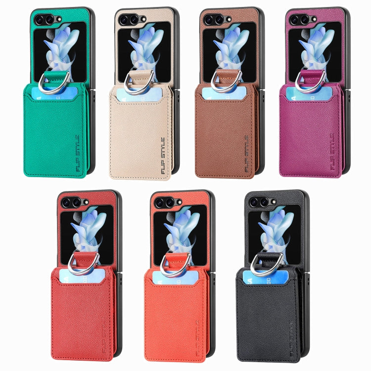 Funda tipo cartera con anillo de cuero con textura de lichi para Samsung Galaxy Z Flip7 5G (marrón)