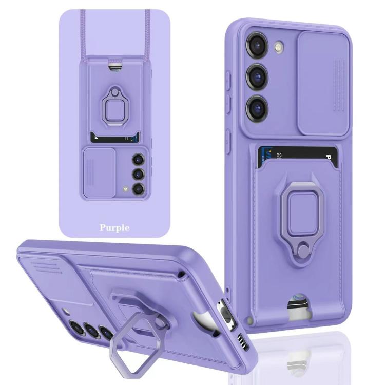 Funda de silicona con soporte magnético para tarjetas y cierre deslizante para Samsung Galaxy A56 5G (morado claro)