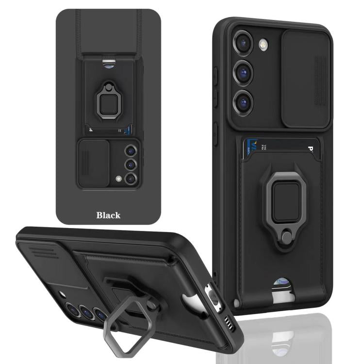 Funda de silicona con soporte magnético para tarjetas y cierre deslizante para Samsung Galaxy A56 5G (negro)