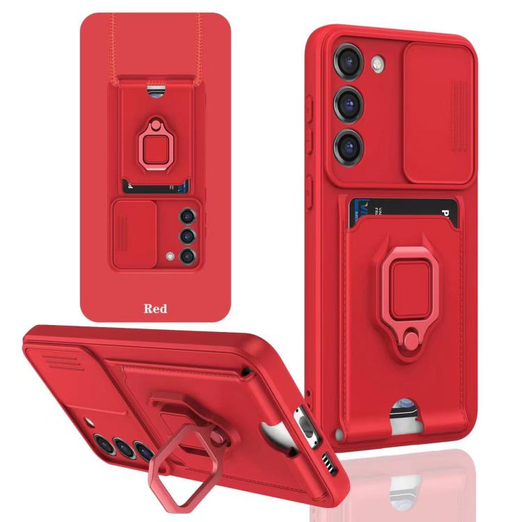 Funda de silicona con soporte magnético para tarjetas y cierre deslizante para Samsung Galaxy A56 5G (roja)