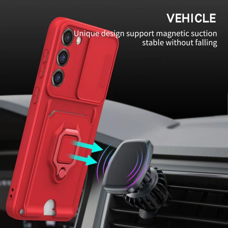 Funda de silicona con soporte magnético para tarjetas y cierre deslizante para Samsung Galaxy A56 5G (morado claro)