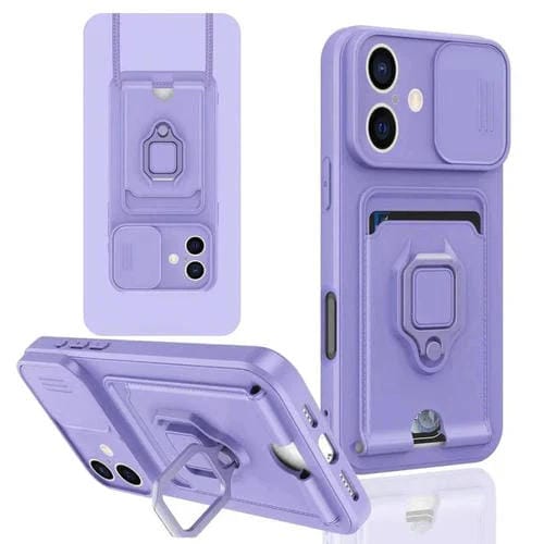 Funda de Silicona para iPhone 16 Plus con Soporte para Tarjetas Magnético Deslizante Camshield (Morado Claro)
