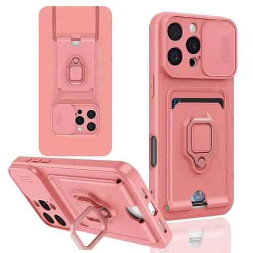Funda de Silicona para iPhone 16 Pro Max con Soporte Tarjetas Magnéticas y Cierre Deslizante (Rosa)