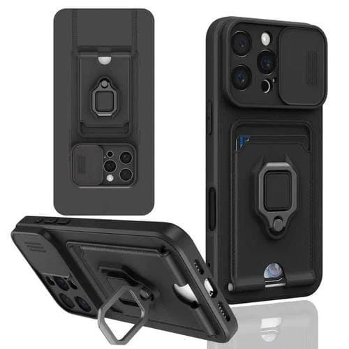 Funda de Silicona con Soporte para Tarjetas Magnéticas y Cierre Deslizante para iPhone 16 Pro Max (Negro)