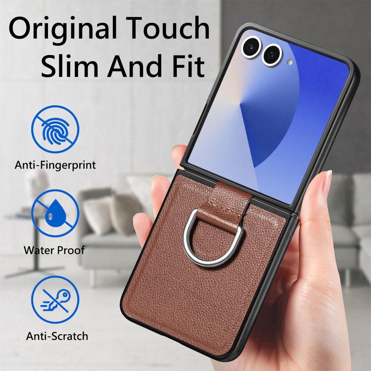 Funda de cuero con textura de lichi para Samsung Galaxy Z Flip7 5G (marrón)