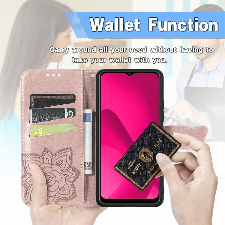 Funda de Cuero For Nothing 2A Plus con Relieve Mariposa y Flor (Oro Rosa)