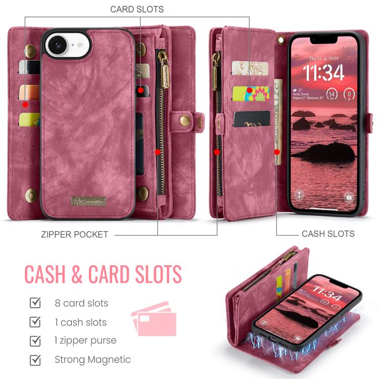 Funda de Cuero Caseme 008 para iPhone 16E Desmontable Multifuncional (Roja)
