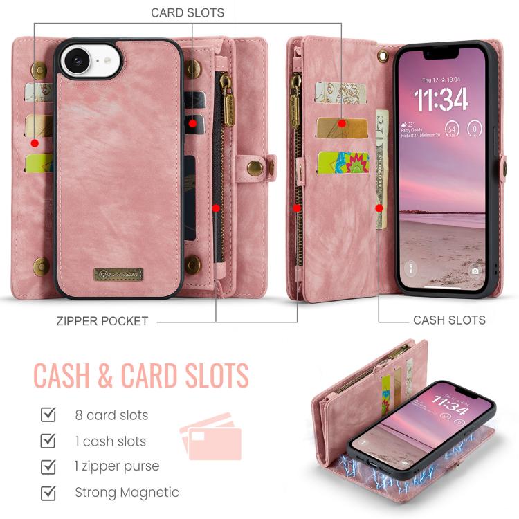 Funda de Cuero Caseme 008 para iPhone 16E Desmontable y Multifuncional (Rosa)