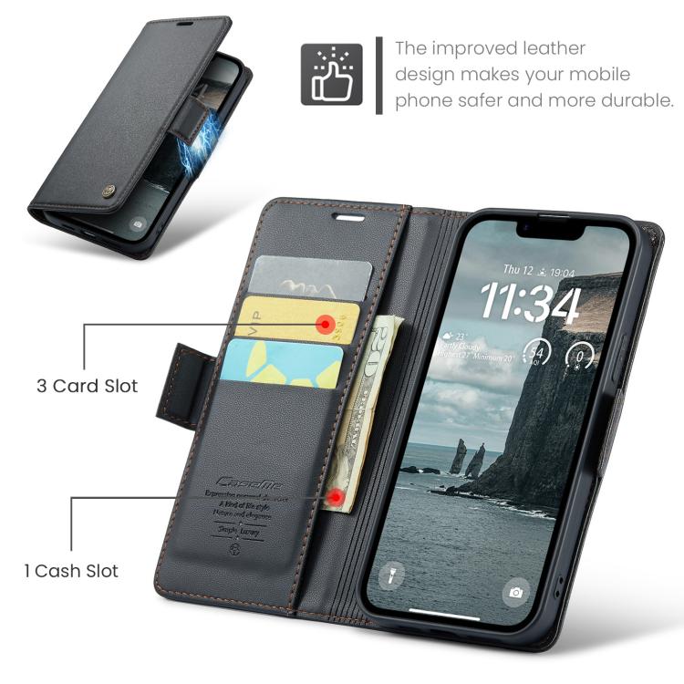 Funda para iPhone 16E Caseme 023 con Hebilla de Mariposa Textura de Lichi Antirrobo Rfid (Negro)