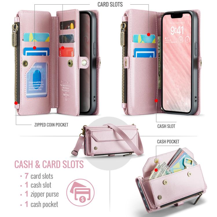 Funda de Cuero Antirrobo Caseme C36 para iPhone 16E con Ranuras y Billetera con Cremallera (Rosa)