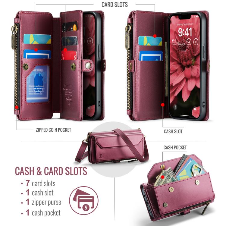 Funda para iPhone 16E Caseme C36 Cuero Antirrobo con Ranuras para Tarjetas y Cremallera (Rojo)