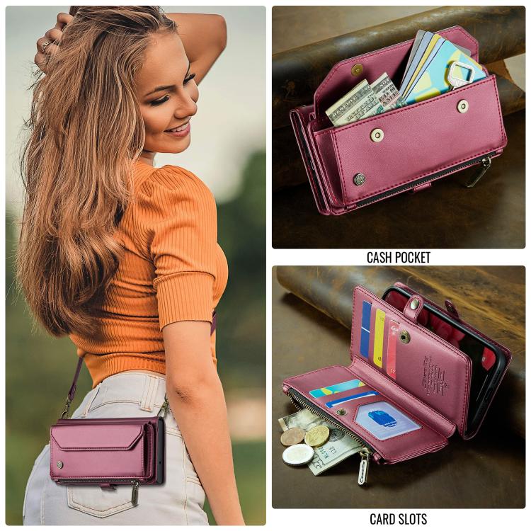Funda para iPhone 16E Caseme C36 Cuero Antirrobo con Ranuras para Tarjetas y Cremallera (Rojo)