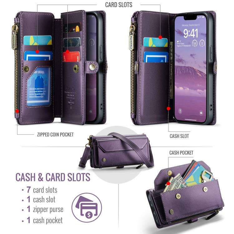 Funda de Cuero Antirrobo Caseme C36 para iPhone 16E con Ranuras y Billetera con Cremallera (Morado)