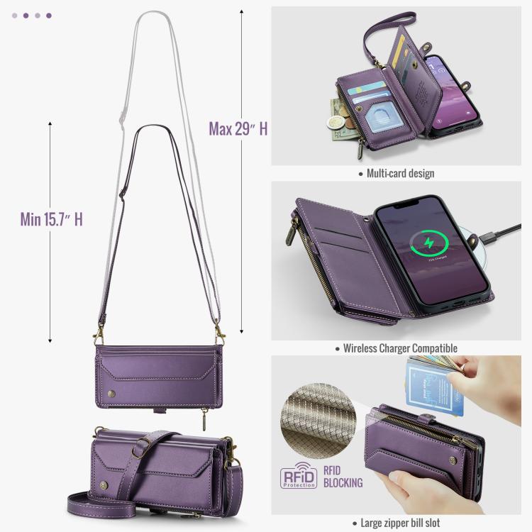 Funda de Cuero Antirrobo Caseme C36 para iPhone 16E con Ranuras y Billetera con Cremallera (Morado)