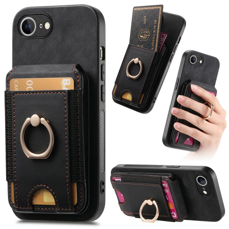 Funda de Cuero para iPhone 16E con Soporte Magnético Divisible y Estilo Retro (Negro)