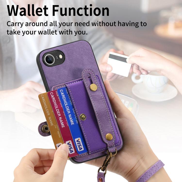 Funda de Cuero Tipo Billetera con Pulsera Cruzada Retro para iPhone 16E (Morado)