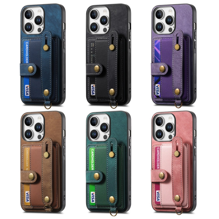 Funda de Cuero Tipo Billetera con Pulsera Cruzada Retro para iPhone 16E (Morado)