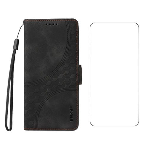 Funda de Cuero Enkay para iPhone 16E con Estampado de Rombos y Estrellas y Película Protectora (Negra)