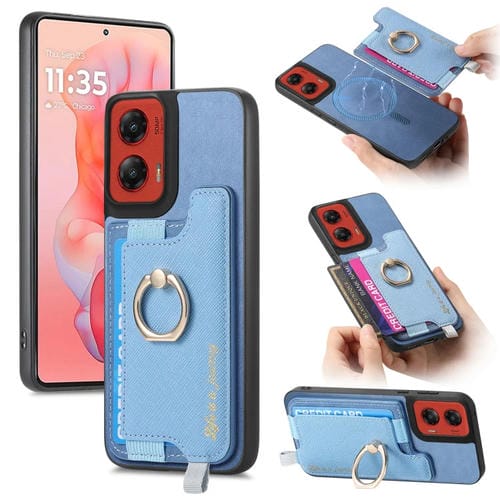 Funda para Teléfono con Tarjetero y Anillo de Cuero Retro Magsafe Cross para Motorola Moto G Stylus 5G (2024) (Azul)