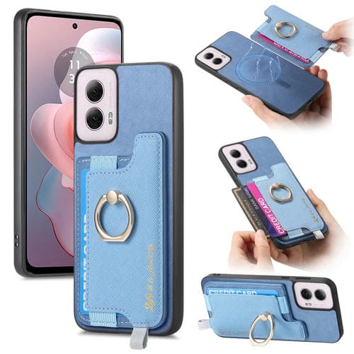 Funda para Teléfono Motorola Moto G Power 2024 5G con Tarjetero Anillo Cuero Diseño Retro (Azul)
