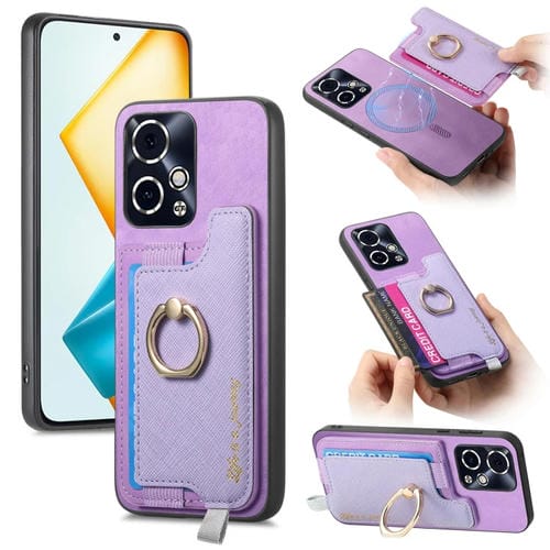 Funda para Teléfono Honor 90 GT 5G con Tarjetero Anillo Cuero Diseño Retro Magsafe (Morado)
