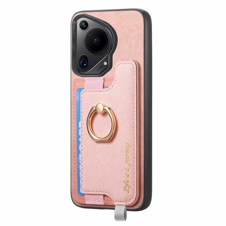 Funda para Teléfono Huawei Pura 70 con Tarjetero y Anillo de Cuero Retro Magsafe (Rosa)
