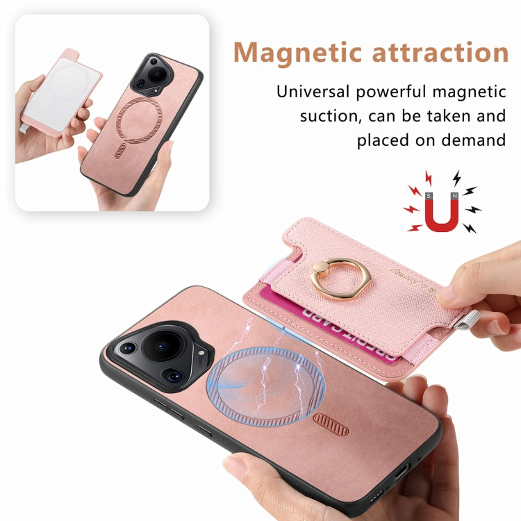 Funda para Teléfono Huawei Pura 70 con Tarjetero y Anillo de Cuero Retro Magsafe (Rosa)