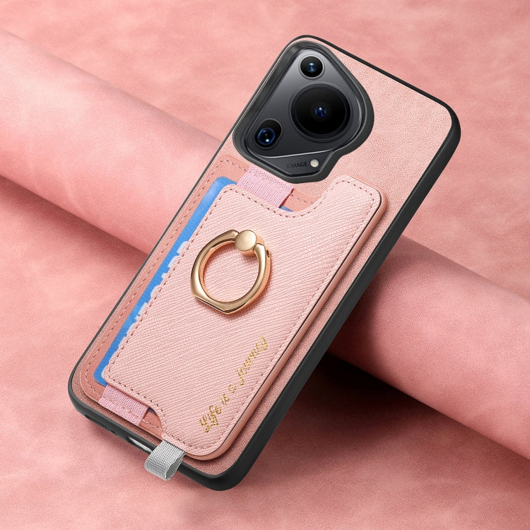 Funda para Teléfono Huawei Pura 70 con Tarjetero y Anillo de Cuero Retro Magsafe (Rosa)