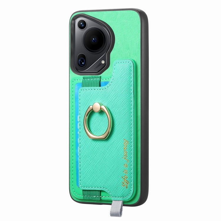 Funda para Teléfono Huawei Pura 70 con Tarjetero, Anillo de Cuero y Diseño Retro Magsafe Cross (Verde)