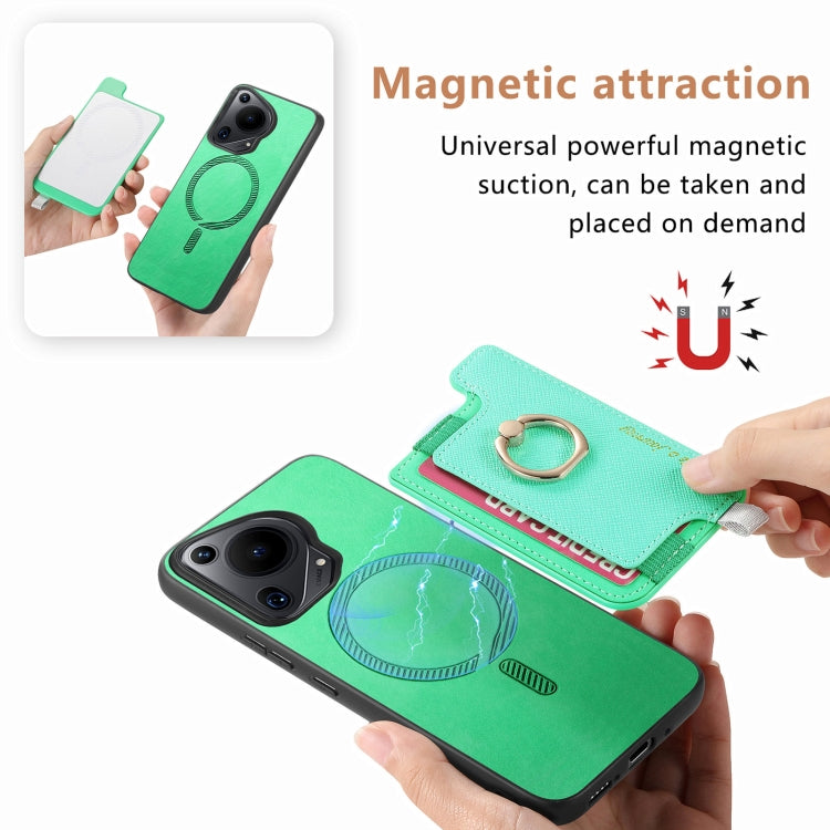Funda para Teléfono Huawei Pura 70 Pro con Tarjetero y Anillo Cuero Retro Magsafe (Verde)