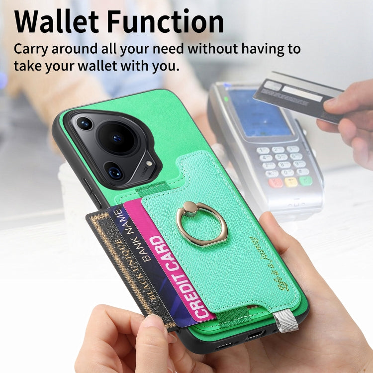 Funda para Teléfono Huawei Pura 70 Pro con Tarjetero y Anillo Cuero Retro Magsafe (Verde)