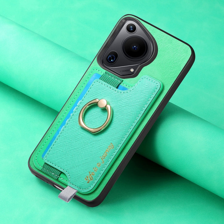 Funda para Teléfono Huawei Pura 70 Pro con Tarjetero y Anillo Cuero Retro Magsafe (Verde)