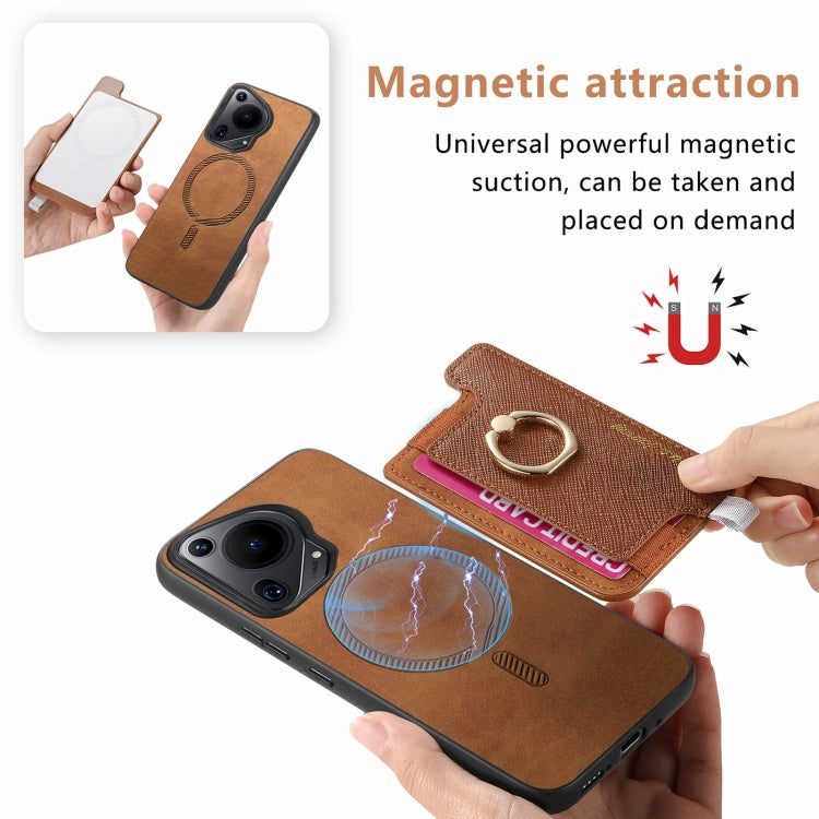 Funda para Teléfono Huawei Pura 70 Pro con Tarjetero y Anillo de Cuero Retro Magsafe (Marrón)