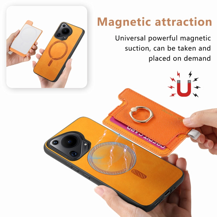 Funda para Teléfono Huawei Pura 70 Pro+ con Tarjetero y Anillo Cuero Diseño Retro (Amarillo)