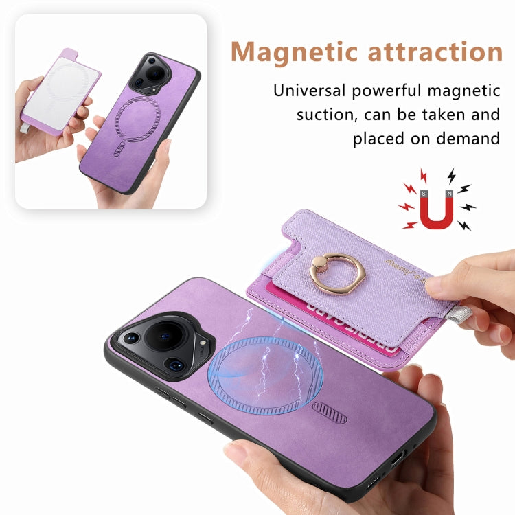 Funda para Teléfono Huawei Pura 70 Pro+ con Tarjetero y Anillo de Cuero Retro (Morado)
