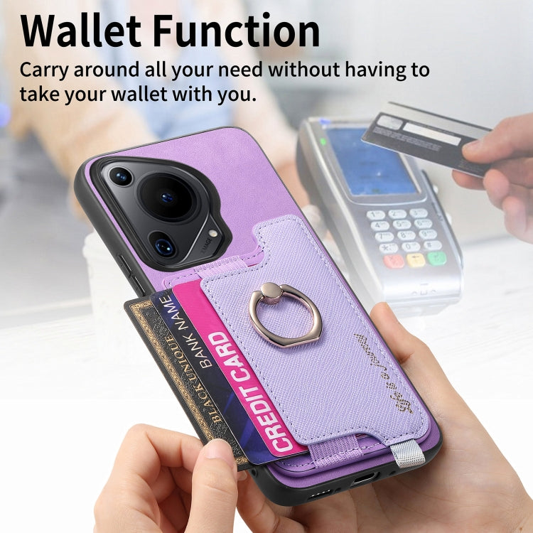 Funda para Teléfono Huawei Pura 70 Pro+ con Tarjetero y Anillo de Cuero Retro (Morado)