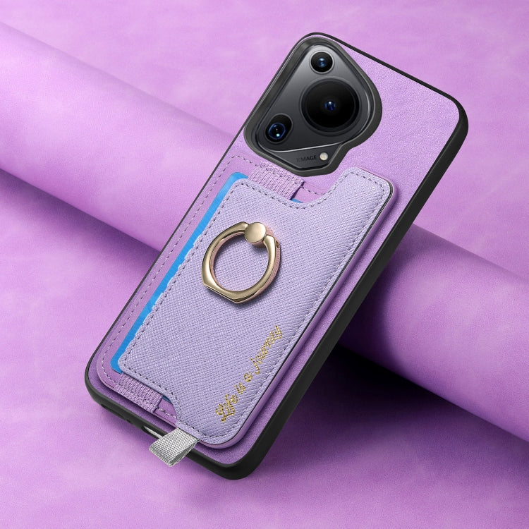 Funda para Teléfono Huawei Pura 70 Pro+ con Tarjetero y Anillo de Cuero Retro (Morado)